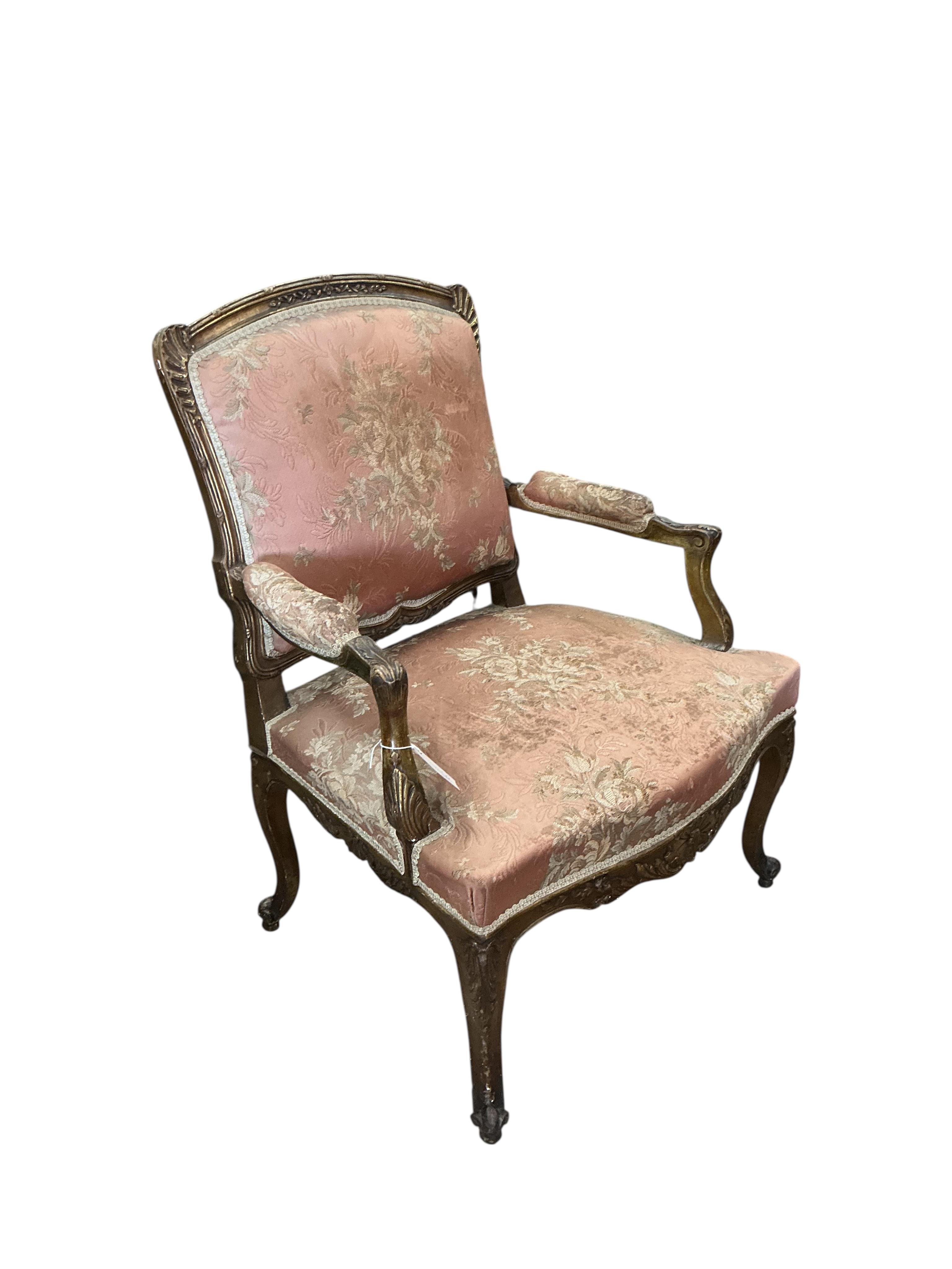 A 19th century French giltwood fauteuil, width 70cm, depth 52cm, height 93cm